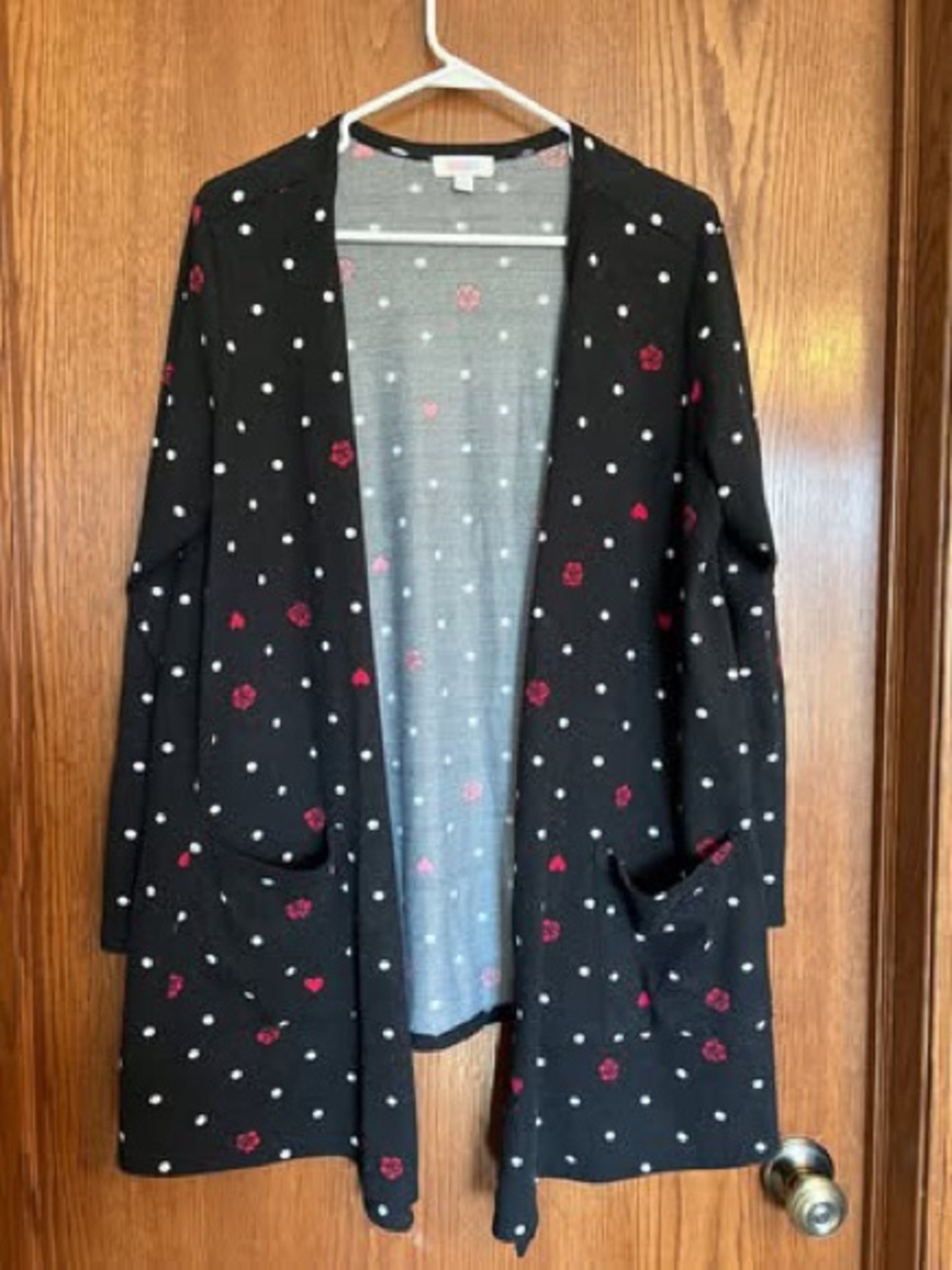 LuLaRoe Black Cardigan with Red Floral and White Dot Print